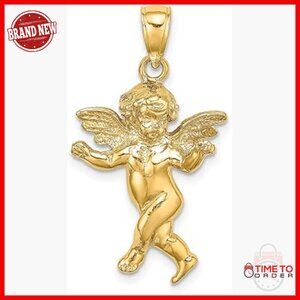 14K Yellow Gold Angel Pendant Necklace Cherub Charm Religious Jewelry